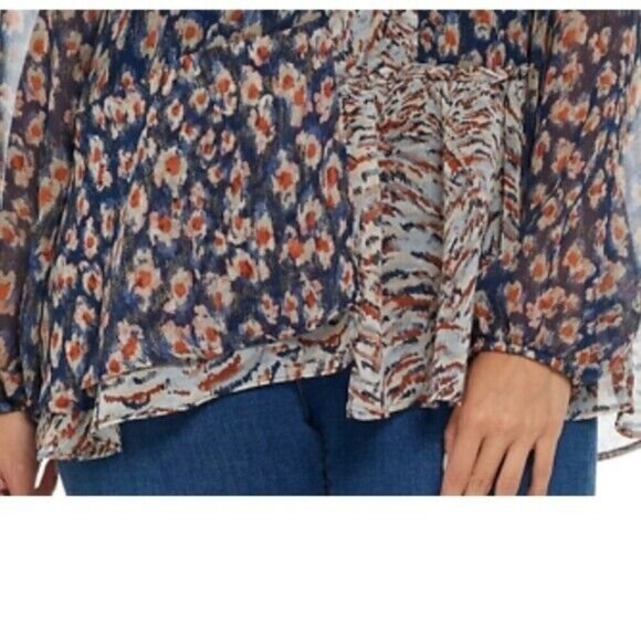 LOGO by Lori Goldstein floral Blouse sheer Patchwork Ruffles Blue women S boho - Picture 3 of 11